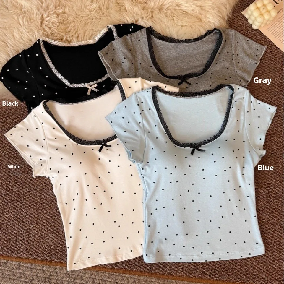 Summer New Style Women's Lace Splice Polka Dot Short Sleeve T-Shirt Slim Fit Integrated Comfortable Top Breathable Sweat Abso...