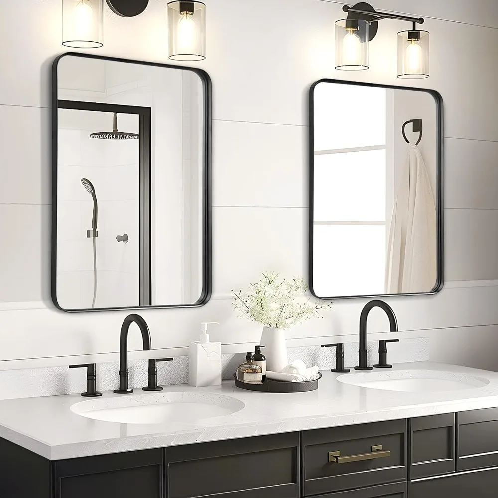 Bathroom Mirrors Over Sink 2 Pack- 36x24 Inch Black Matte Framed Mirrors Wall Mounted