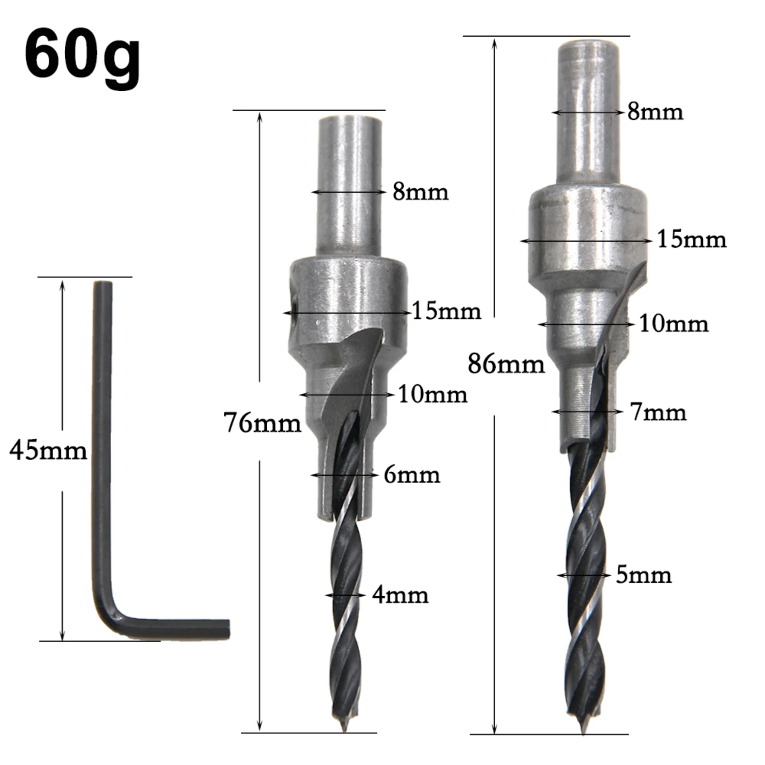 2PC Two Edge Three Step Woodworking Three Point Countersunk Hole Drill 4/5mm Self Centering Cone Hole Drill Bit Wrench Tool Set