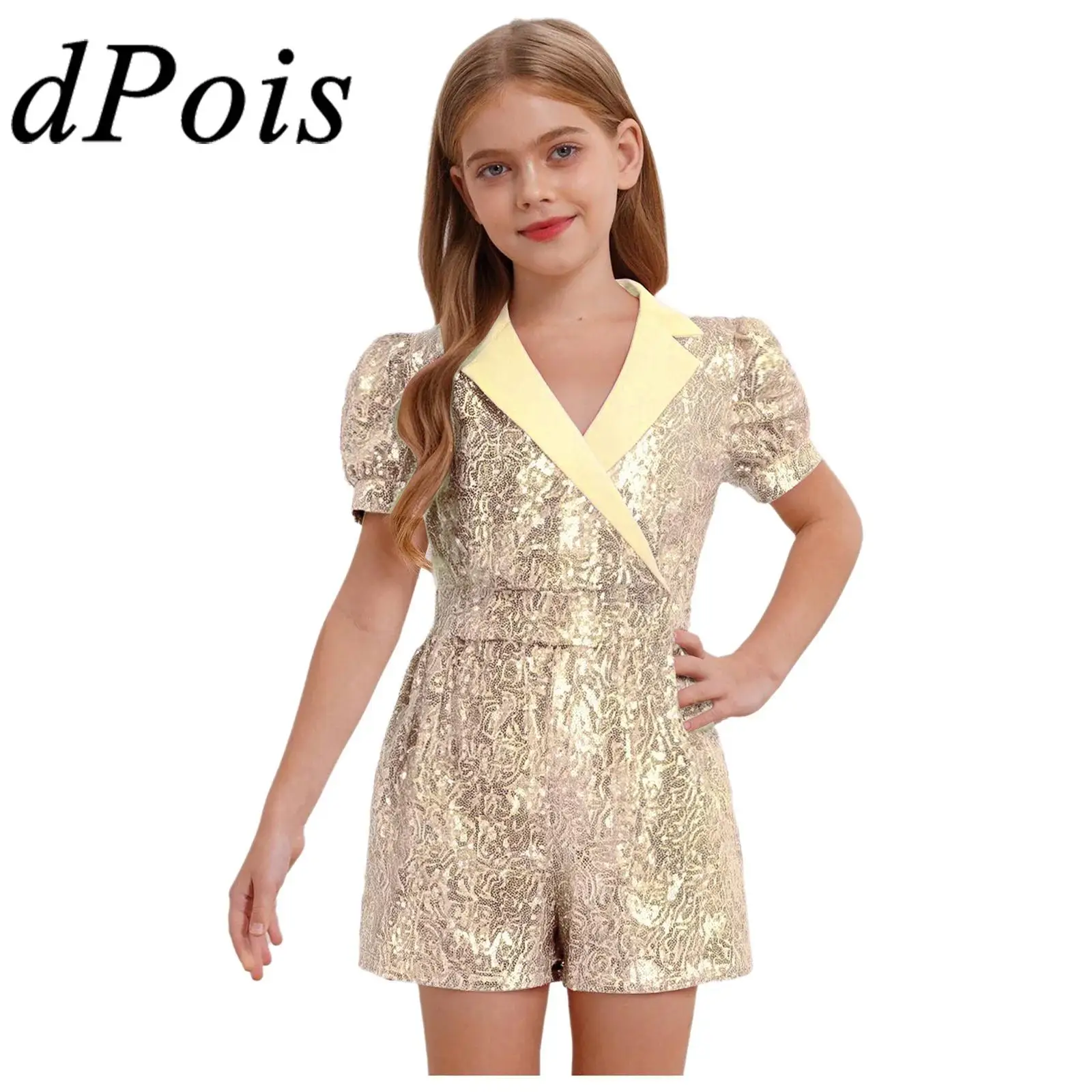 

Girls Fashion Unitard Summer Clothes Kids Sequined Lapel Jumpsuit Leotard Festival Costumes Party Outfit Children Short Romper