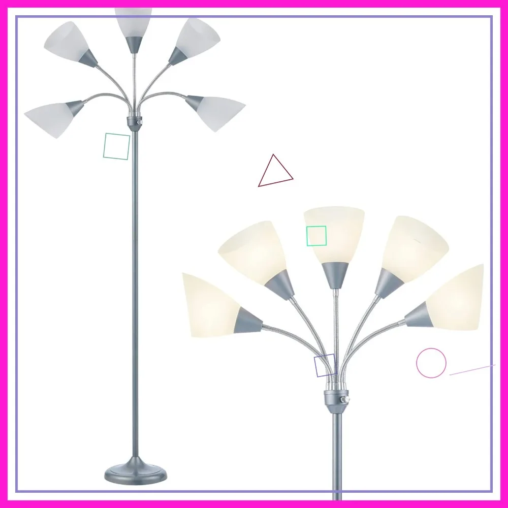 

5-Head Adjustable Floor Lamp with Large Shade, E26/A19 Bulb Compatible for Living Room and Bedroom in Silver
