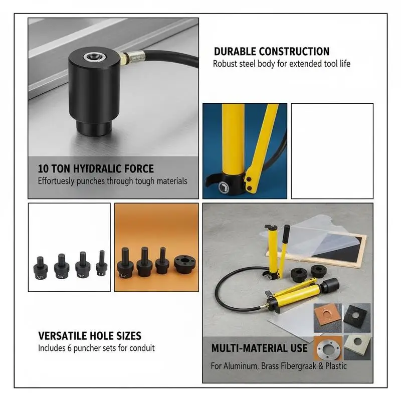 Hydraulic Hole Puncher Driver 1/2" to 2" For Electrical Installation, Plumbing, Metal Fabrication, 10 Ton Force 6 Die Sets Carbon Steel Manual Pump Operation Construction Site Tool view 7