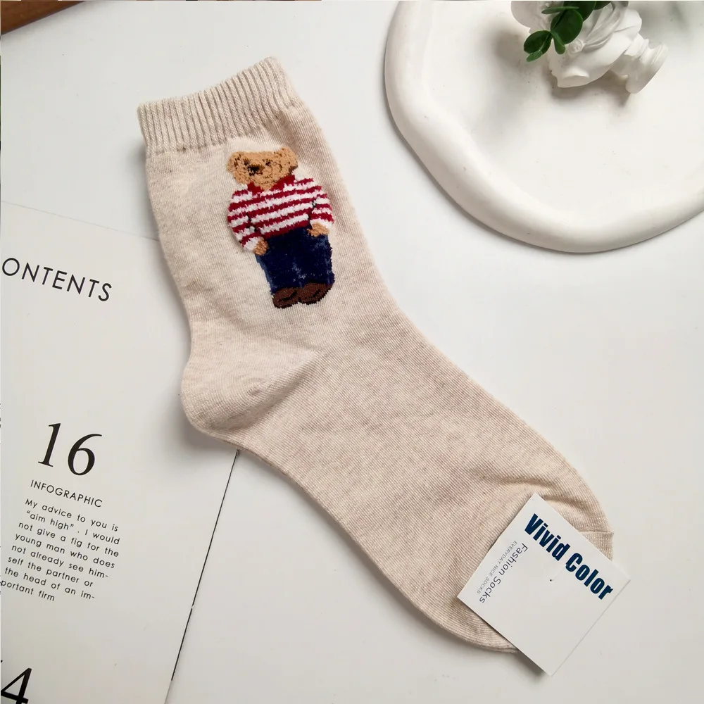 العصرية الكرتون الدب منتصف العجل الجوارب القطنية للنساء سترة غير رسمية الكبار الإناث لطيف الدب الجوارب مريحة تنفس ملابس المنزل