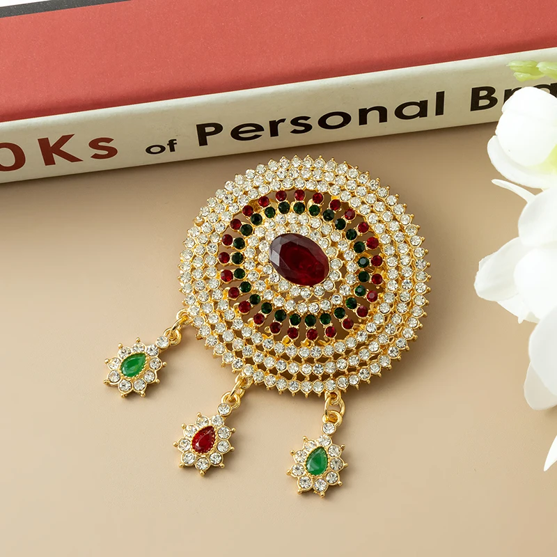 

Boho Golden Gemstone Brooch Intricate Circular Pattern With Tassel Charms For Bridal Festival Wear Bohemian Outfits