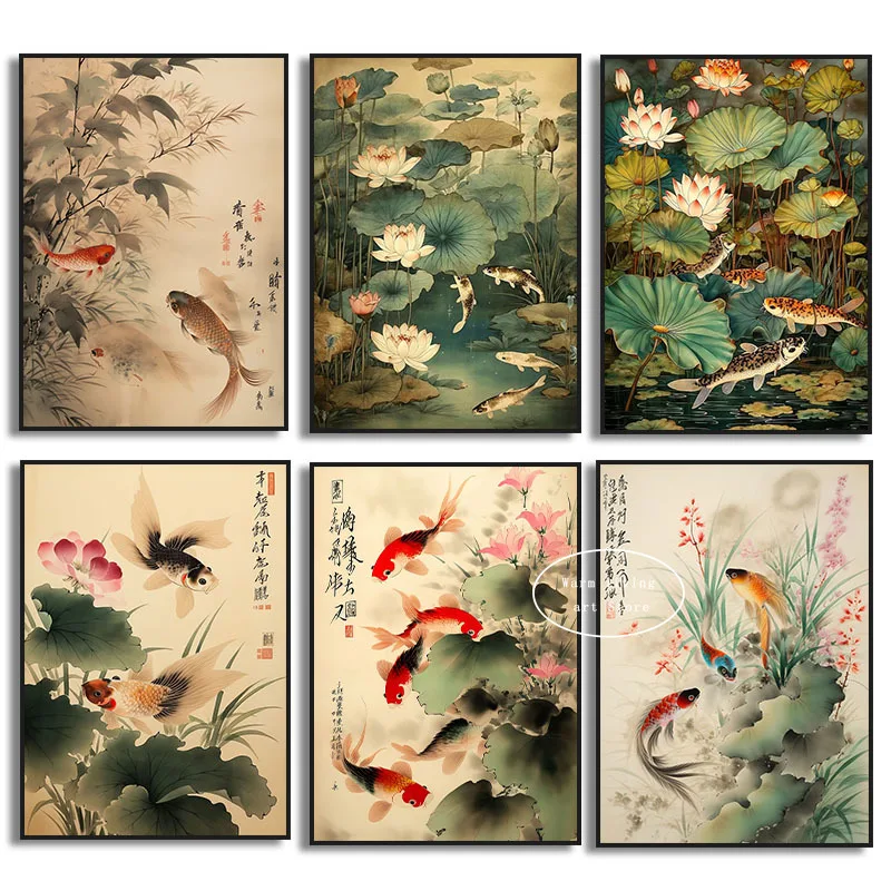 

Chinese Style Red Koi Lucky Carp Luxury Fish Calligraphy Canvas Painting Lotus Flowers Poster Retro Wall Art Room Home Decor