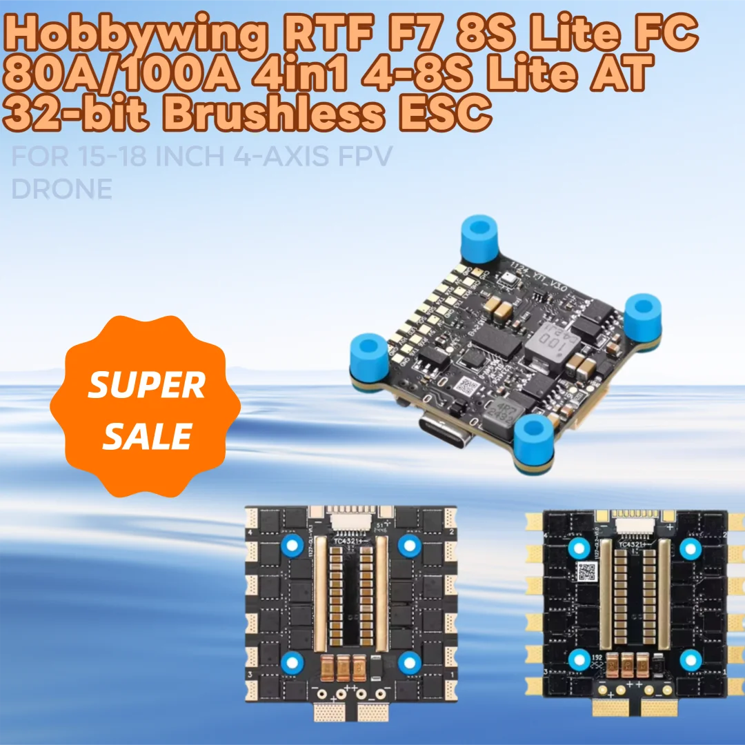 Hobbywing RTF F7 8S Lite FC 80A/100A 4in1 4-8S Lite AT 32-bit Brushless ESC for 15-18 inch 4-axis FPV Drone Flight Controller