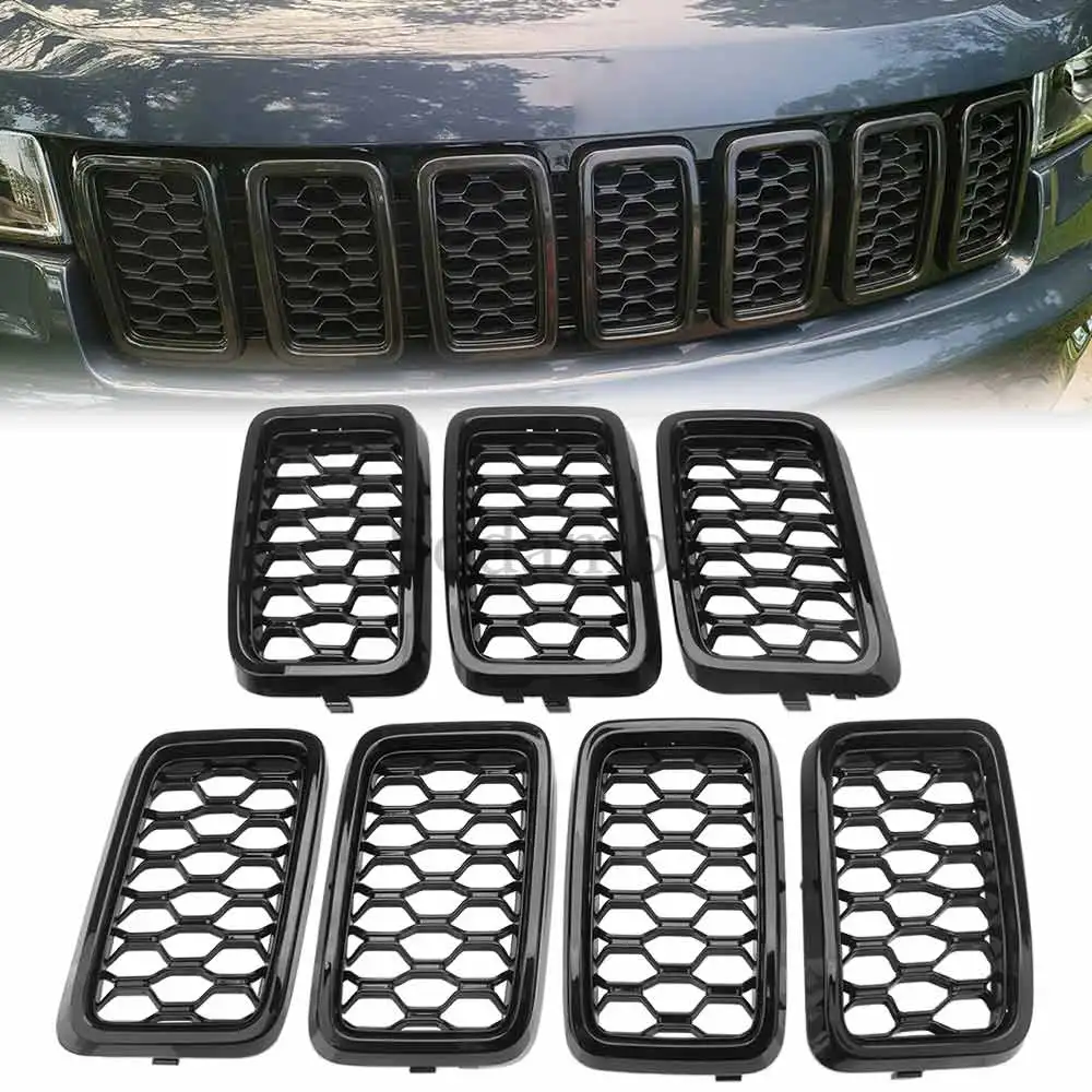 

7 шт., передняя решетка автомобиля, сотовая сетчатая вставка, накладка, яркий черный/хромированный черный для Jeep Grand Cherokee 2017 2018 2019 2020 2021