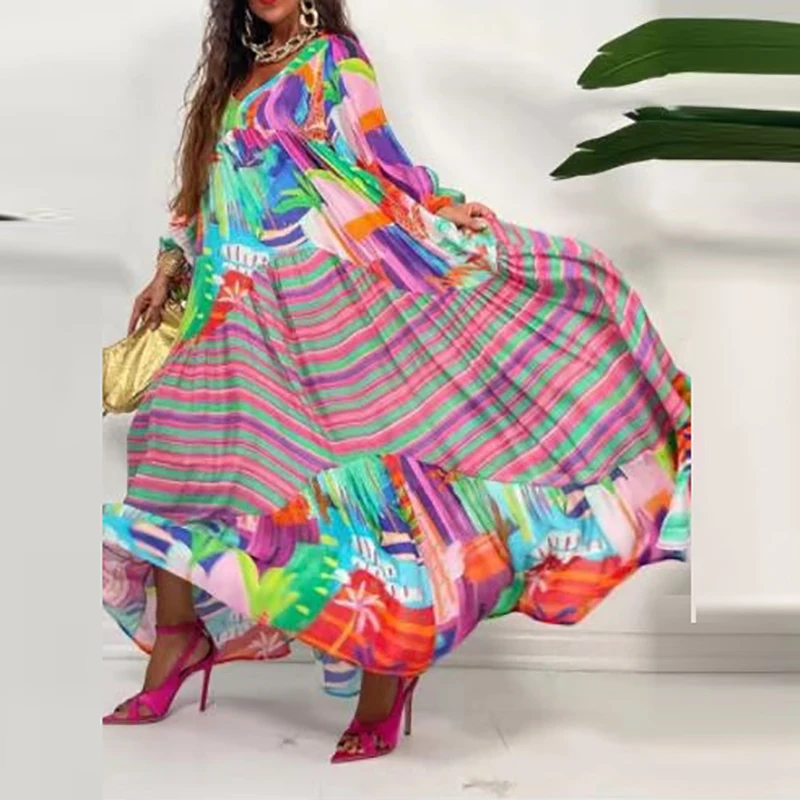 Moda retrò allentato Boho stampa Maxi vestito Casual scollo a v manica lunga autunno spiaggia vestito 2022 Harajuku modello signore vestito da partito