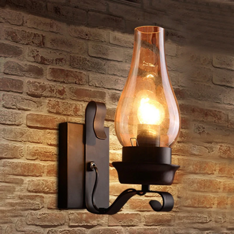 

American Led Wall Lamp Loft Retro Industrial Iron Sconce Lighting Balcony Nordic Bedroom Bedside Home Glass Aisle Bar Deco Light