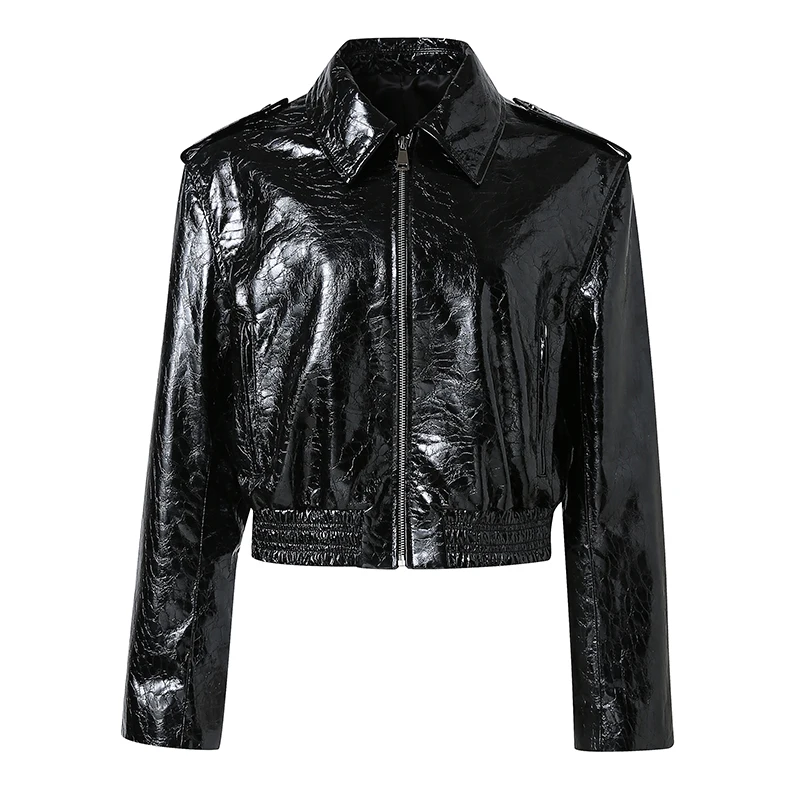 Women Sheepskin Leather Blazer Patent Leather Long Sleeve Suit Jackets Loose Zipper Coats Streetwear Lady Jackets Crop Top