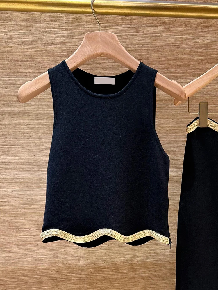 

S Home Nan You High End Women's Summer Diamond Embellied Knitted Vest Top f Skirt Set Faionable Polyester Fiber