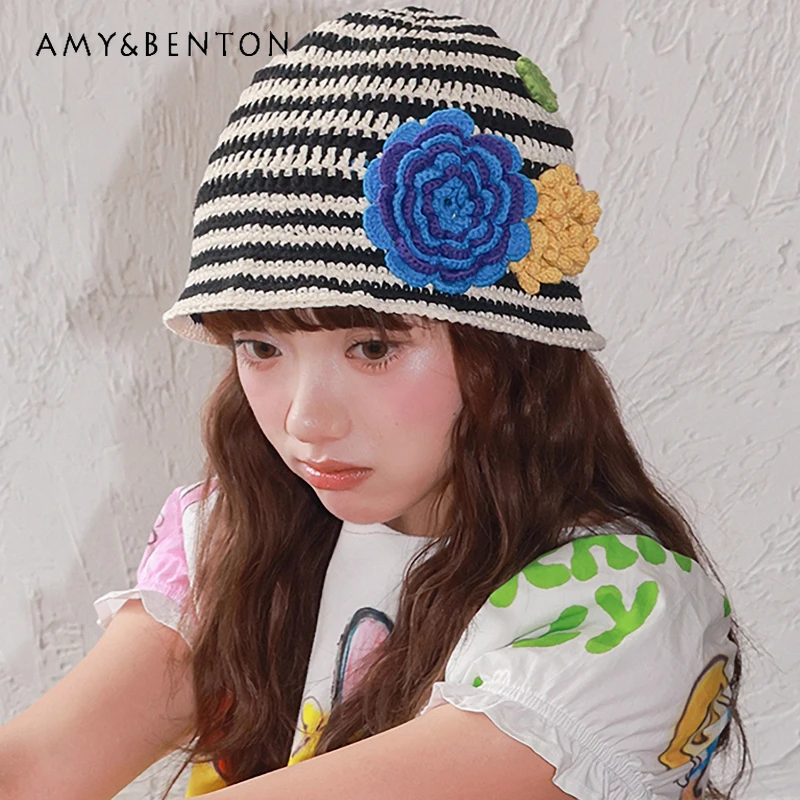

Autumn New Black White Striped Flower Handmade Crochet Fisherman Hat Vintage Daily Versatile Cute Bucket Knitted Hats Ladies