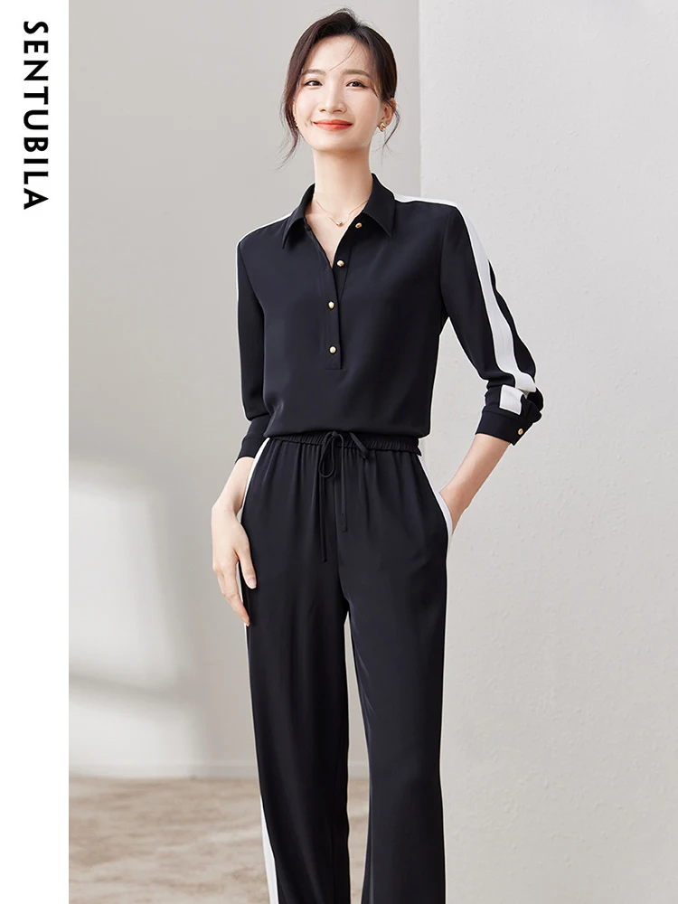 SENTUBILA Casual Sport Pant Set Autumn Fashion Polo Long Sleeve Shirt Top Lady Wide Leg Pant 2 Piece Sets Women Outfit 133Z50455