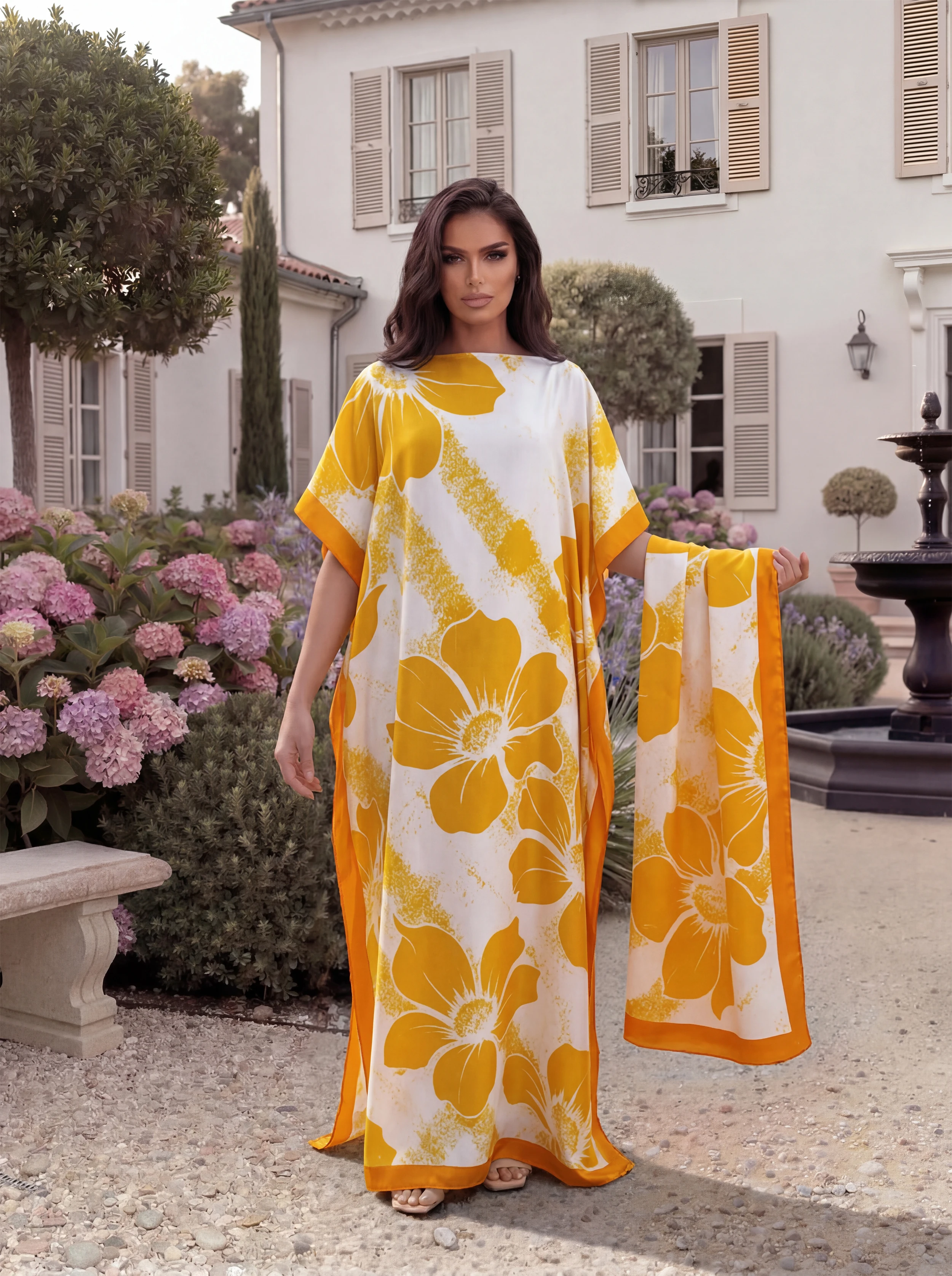 Boho Large Floral Print Satin Abaya Scarf Set, Loose Batwing Maxi Kaftan for Muslim Women Summer Beach Holiday Wear view 3