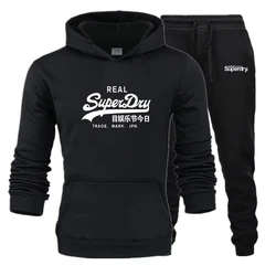 UK Superdry-メンズプリントパーカーとドローストリングパンツセット,フリースポケット,カジュアルトップ,ストリートファッション,秋冬,新品,2022