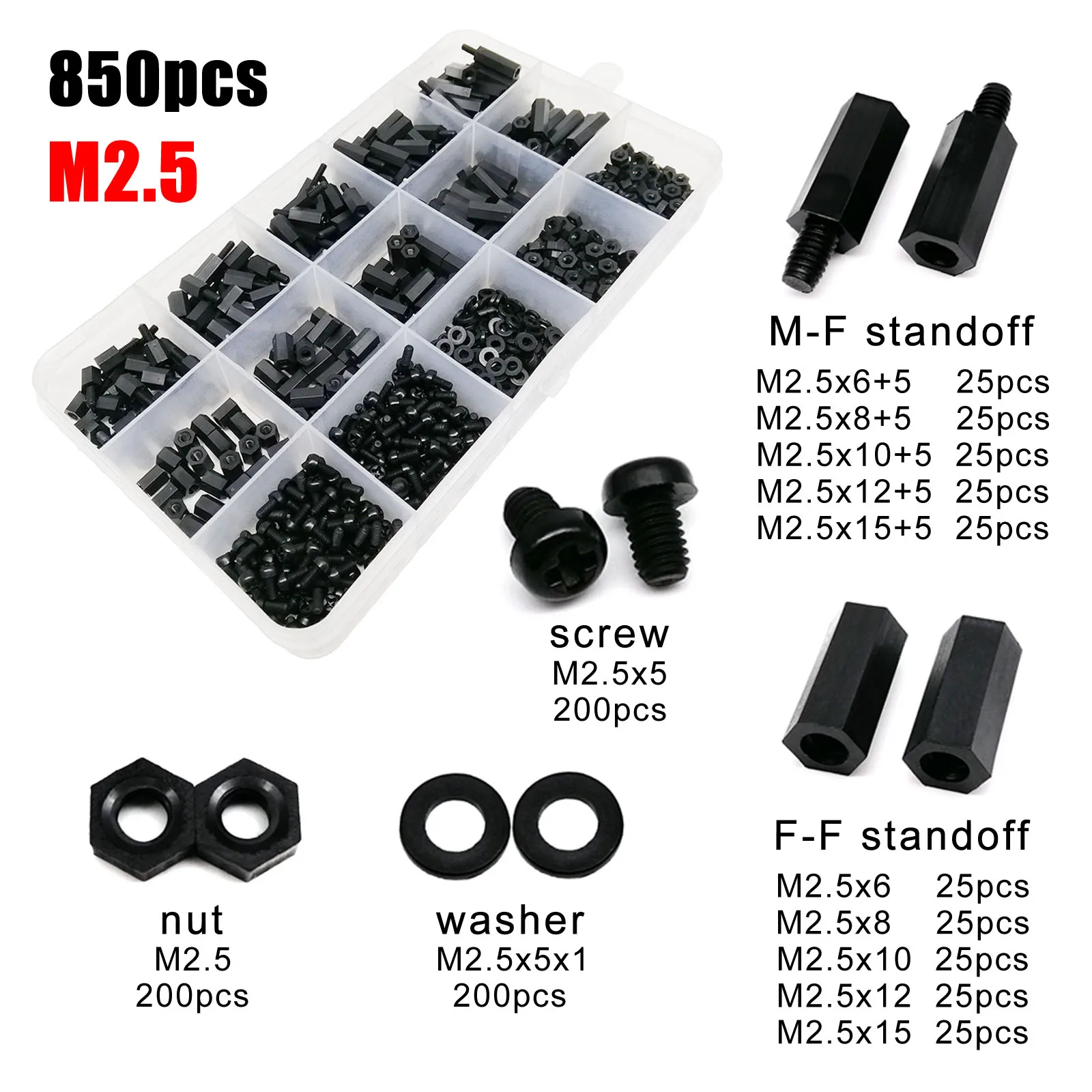 1 doos Plastic Nylon Hex Hexagon Spacer Kolom Standoff Schroef Moer Ring Kit Set voor PCB Moederbord M2 M2.5 M3 M4 Zwart Wit
