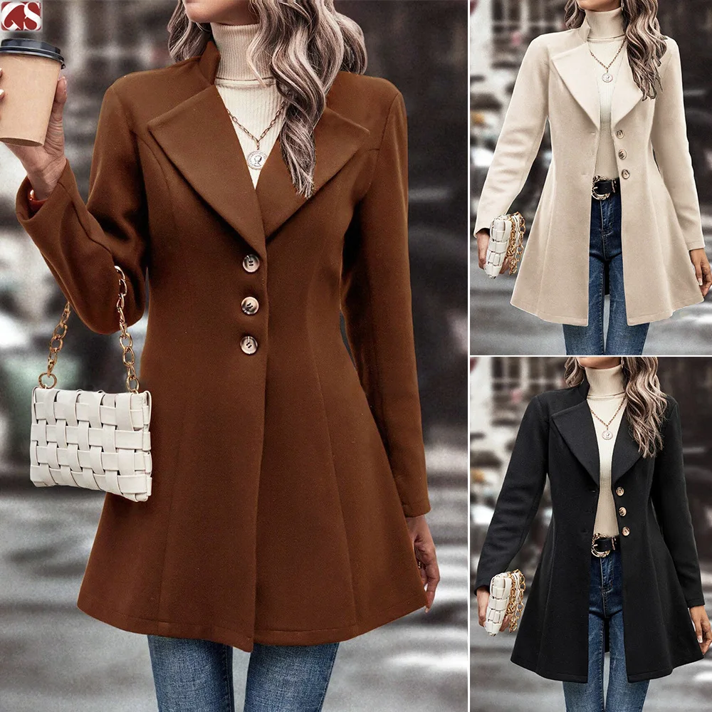 

2025 Autumn Winter New Fashion Lapel Women Slim Fit Woolen Coat Versatile Solid Color Female Medium Long Coats