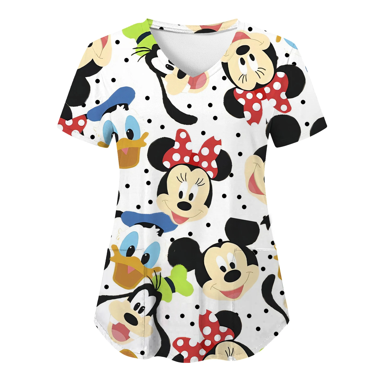 T-shirt Minnie Mouse à col en V pour femme avec poche, vêtements d'été, haut d'infirmière, t-shirts pour hôpital, t-shirts Disne