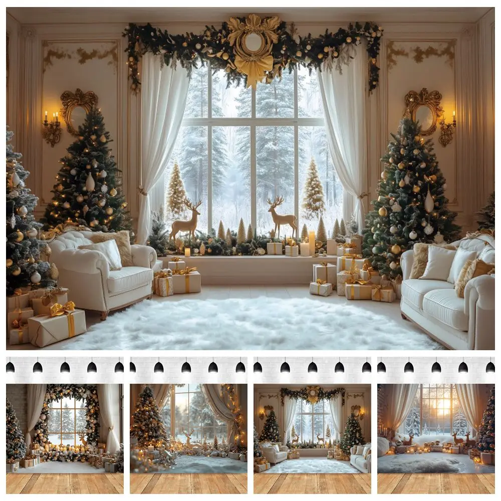 

Winter Christmas Photography Background Large Window Xmas Tree Elk Outdoor Snow Scene Family Party Wall Decor Photo Backdrop