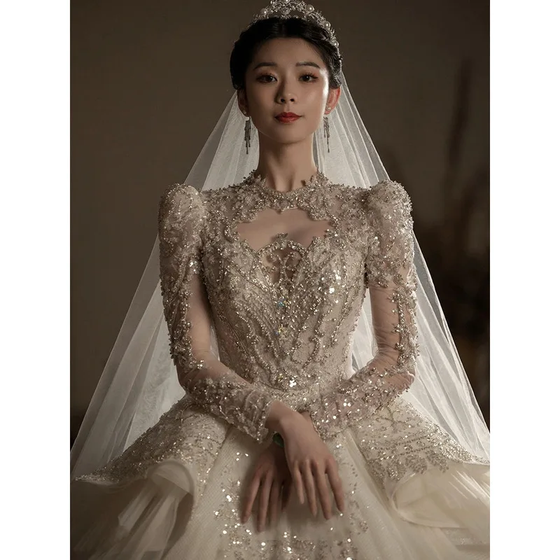 

French Style sexy wedding dress 2025 New Bride Wedding Heavy Craft Luxurious High-Quality Long Sleeve Main Gown Custom Design