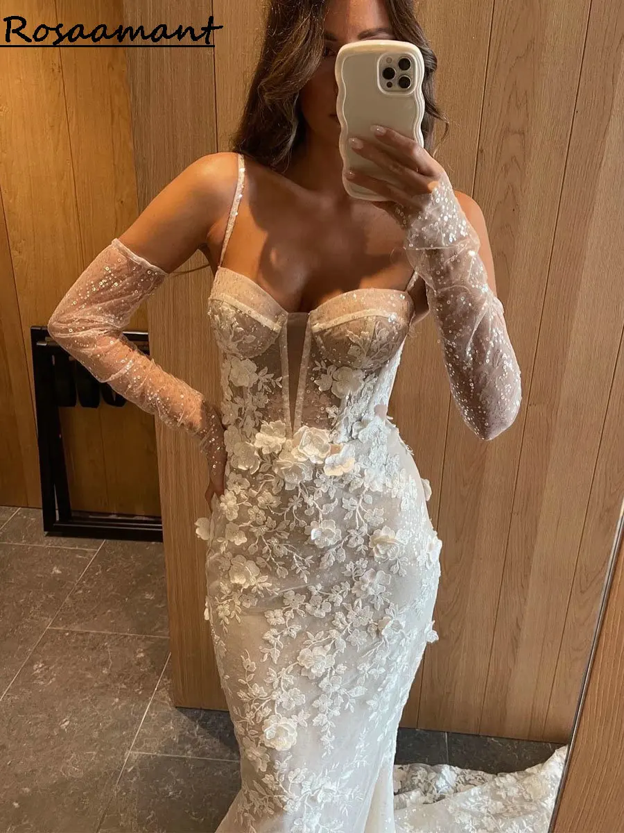 Romantic Illusion 3D Flowers Appliques Lace Mermaid Wedding Dresses Sweetheart Detachable Sleeve Country Bridal Gowns