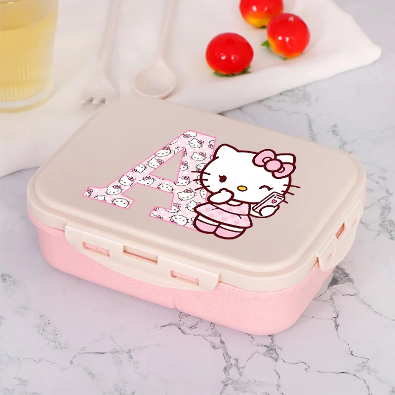 

Hello Kitty Lunch Box Portable Anime Letter A-z Meal Case with Spoon Fork Student Office Supplies Fruit Food Containers Gifts