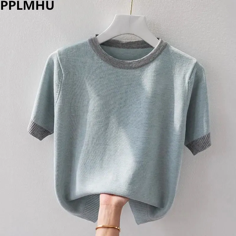 2024 Summer Thin Knit Cropped T Shirt Tops Casual Chic Ice Slik Short Sleeve Knitted Camisetas Korean Fashion Loose Tees Blusas