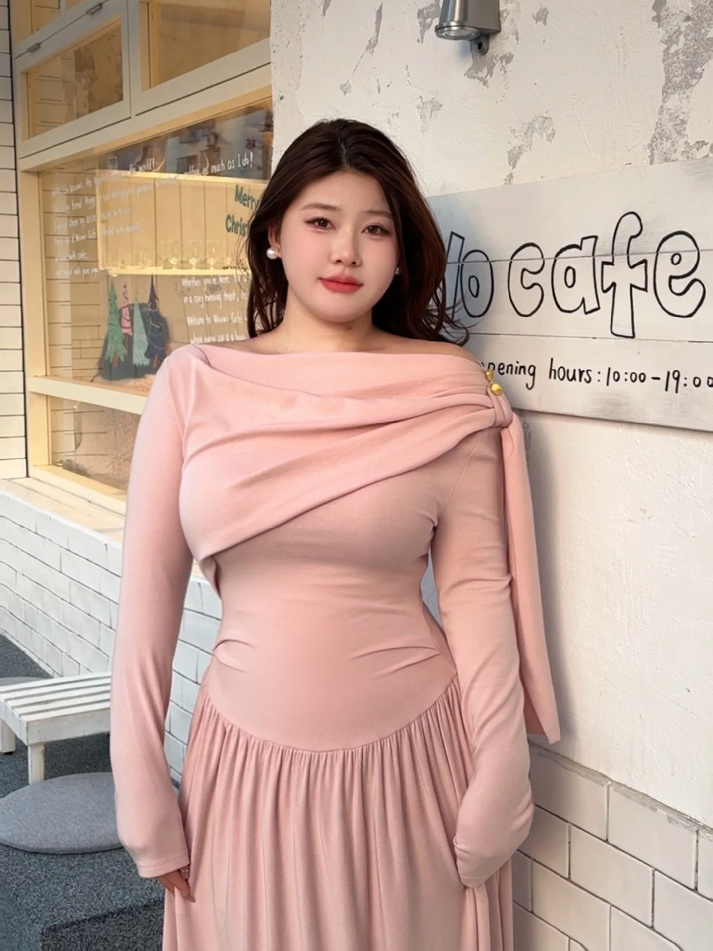 

Ele plus Size Knitted Dr Pink Slimming Long Sve High Waist Autumn Winter Women's Faion Design Casual Wear