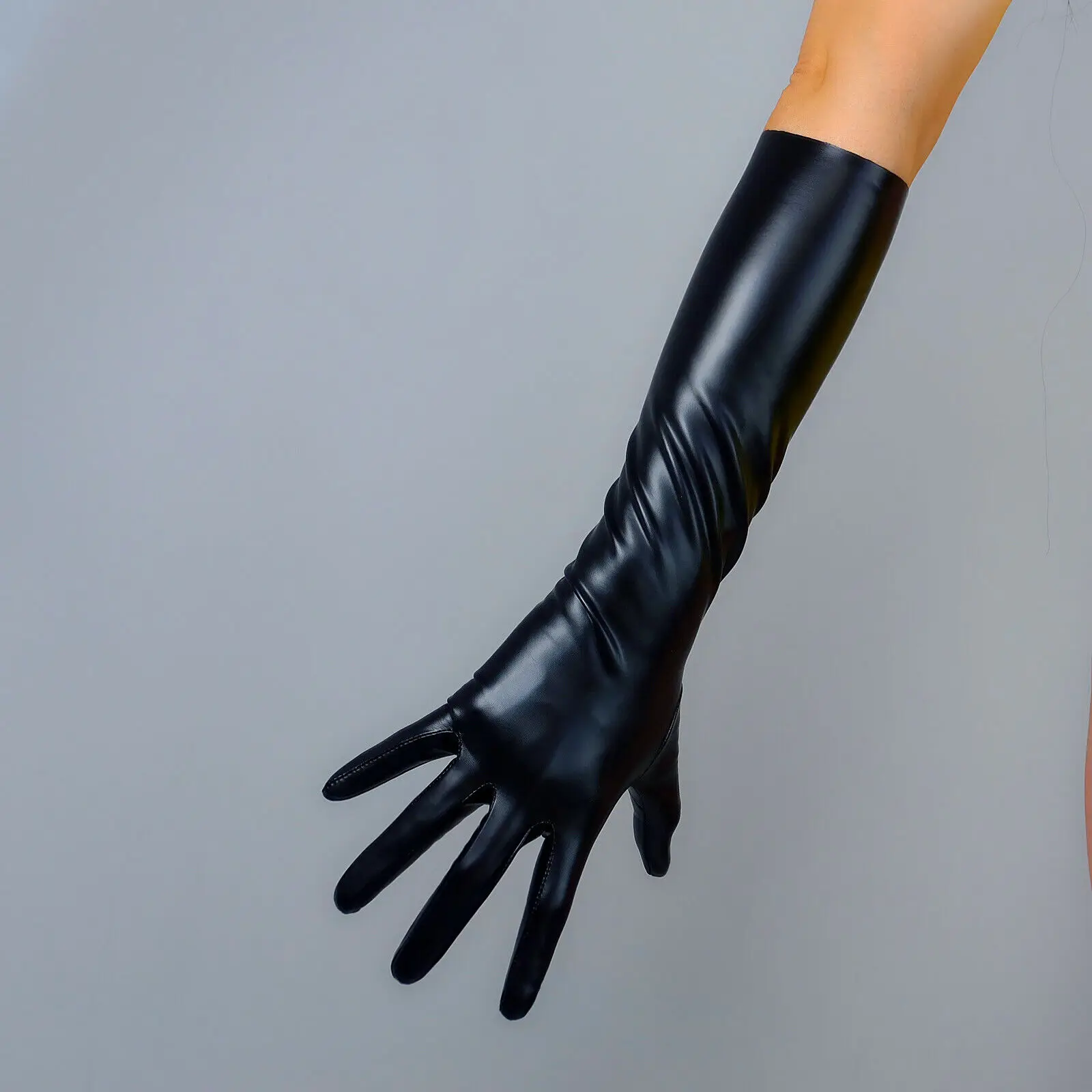 

Elbow LONG Black LATEX GLOVES Super Thin 2nd Skin Faux Leather 16" 40cm FITTED Evening Fashion Costume Nightclub Halloween