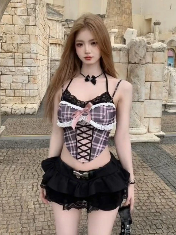 Summer Woman Kawaii Sweet 2 Piece Skirt Sets Women Casual Plaid Lace Vest + Black Mini Skirt Streetwear Korean Fashion Suits