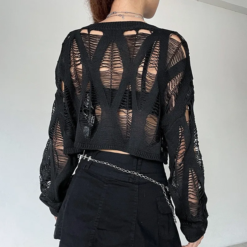 Pullovers Women Black Gothic Hollow Out Hotsweet Knitted Vintage Thin American Style Girlish Casual All-match Cropped Streetwear