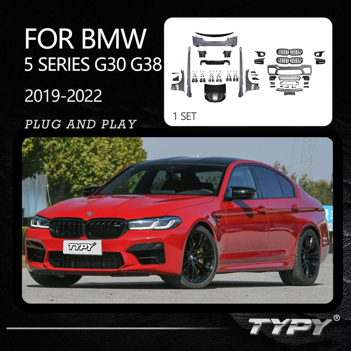 

Автомобильные комплекты TYPY для 2019-2022 BMW 5 серии G30, обновление до M5, комплект кузова, передний, задний, бампер, гриль, боковая юбка, брызговик, капот