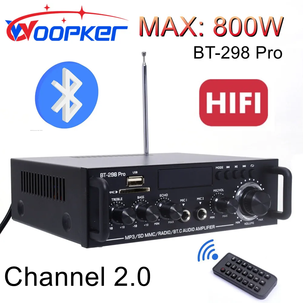 Woopker Bluetooth Amplifier BT-298 Pro 400W+400W Digital HIFI Audio Stereo Power Amplifier 2 Channel Amplifiers for Home Car