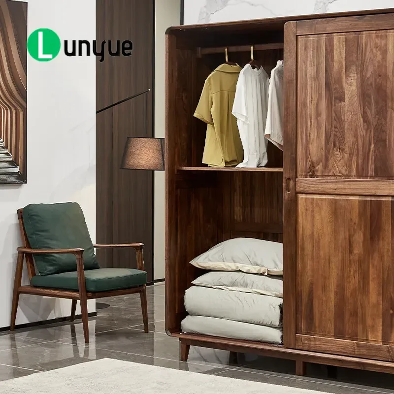 North American Black Walnut Wardrobe All Solid Wood Nordic Simple Push-Pull Door Home Storage Cabinet for Villa Bedroom