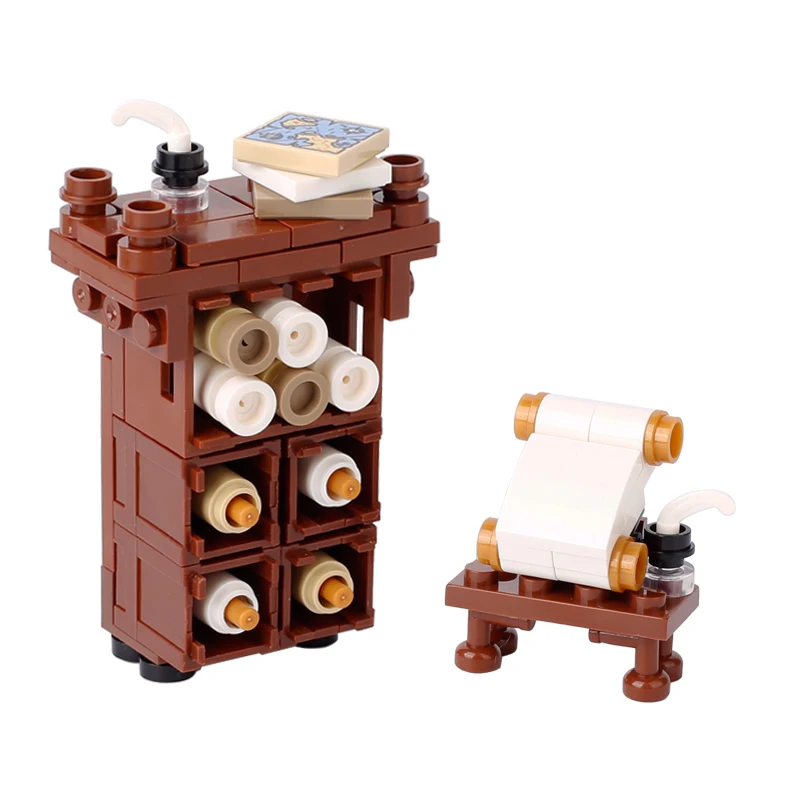 MOC Medieval Scrolls Cabinet Building Blocks Kit Bookcase Napoleonic Furniture Sheepskin Paper Parchment Bricks Toys Boys Gift