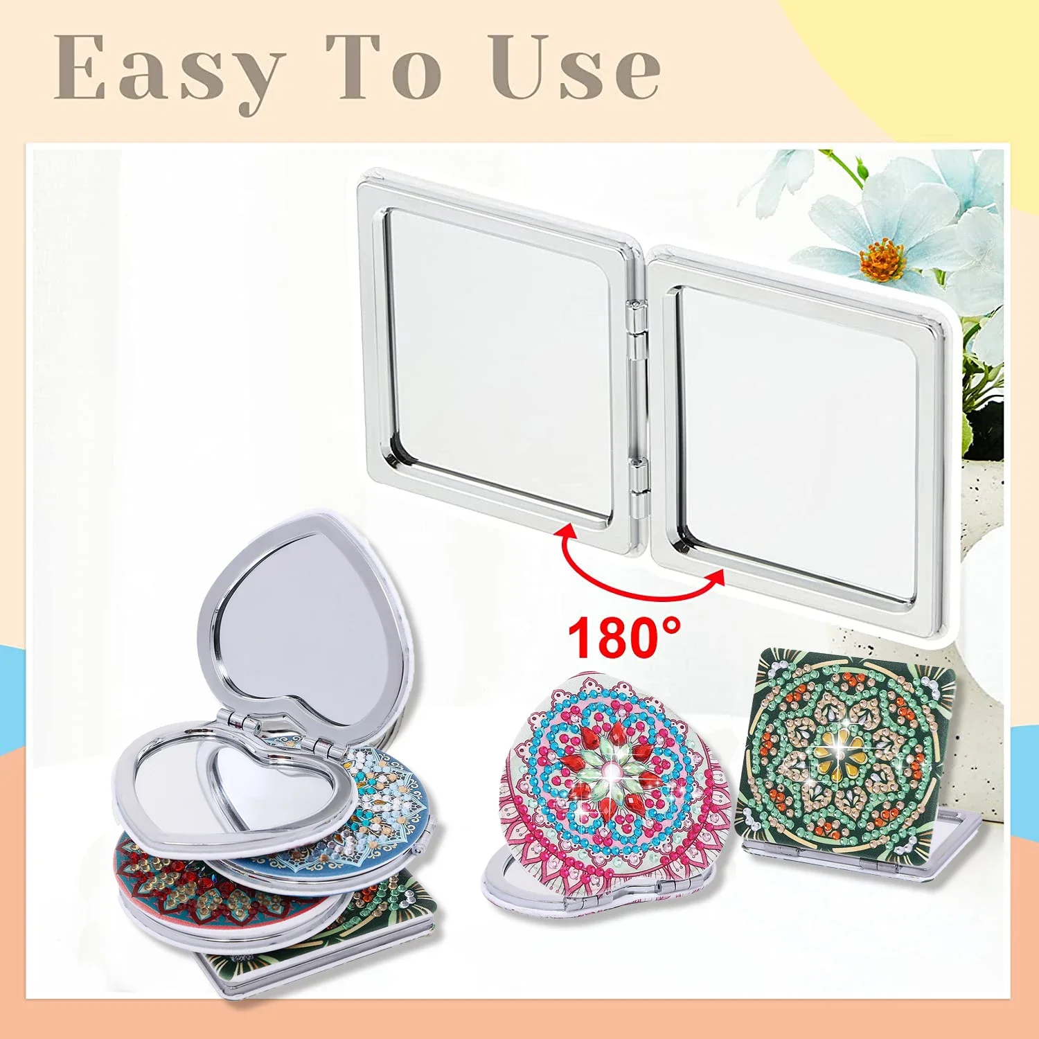 1pc/Set DIY Mandala Diamond Art Mirror Compact Portable Folding Mirror for Women Flowers Diamond Painting Mirror Kits for Adults