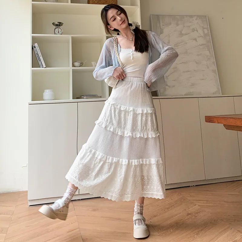 

Sweet Cute White Cake Skirt for Women Korean Style Spring Summer 2024 Elastic High Waist A-Line Girls Lace Embroidery Long Skirt