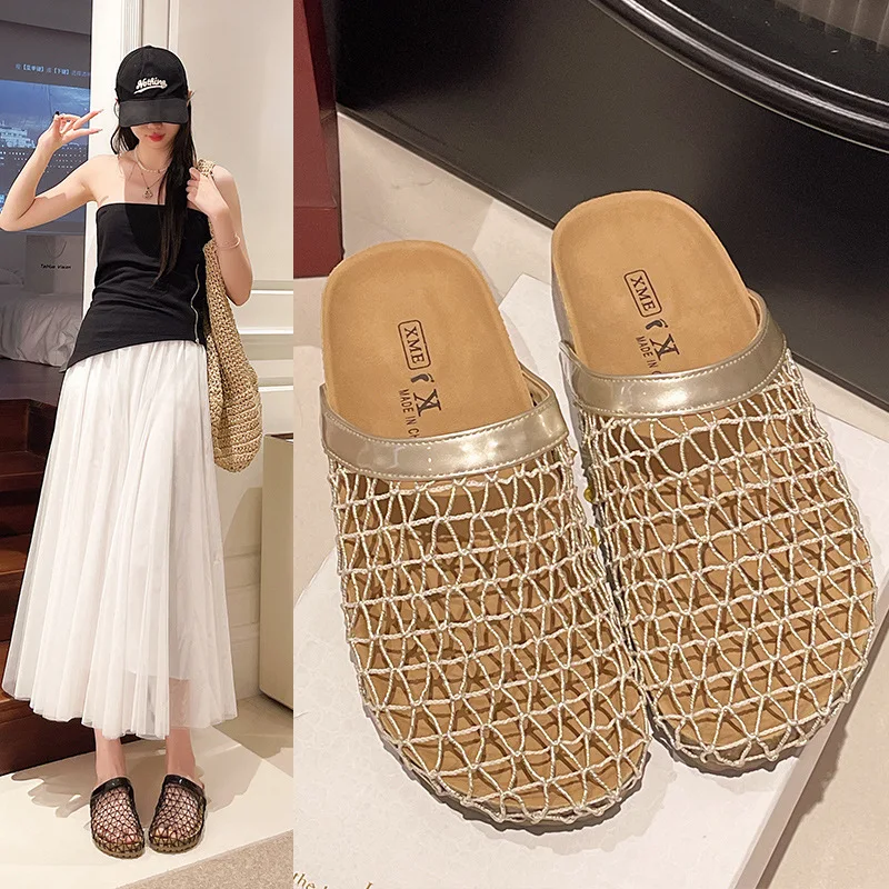 

Design Unique Hollow out Flat Bottom Sandals Summer French Vintage Holiday Head Covering Half Slippers Women PU Material