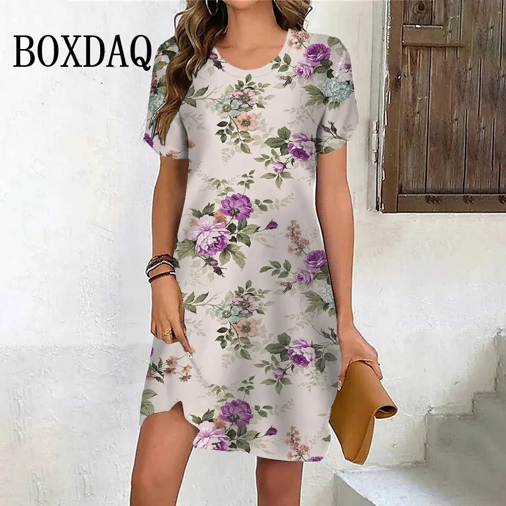 New Fashion Casual Summer Dress For Women 2024 Vintage Print Floral Dress Short Sleeve O-Neck Plus Size Print Female Clothes 6XL