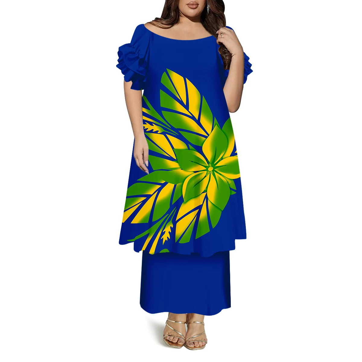 Polinésia senhoras moda em torno do pescoço manga borboleta verão vestido solto casual personalizado vestido de dupla camada padrão