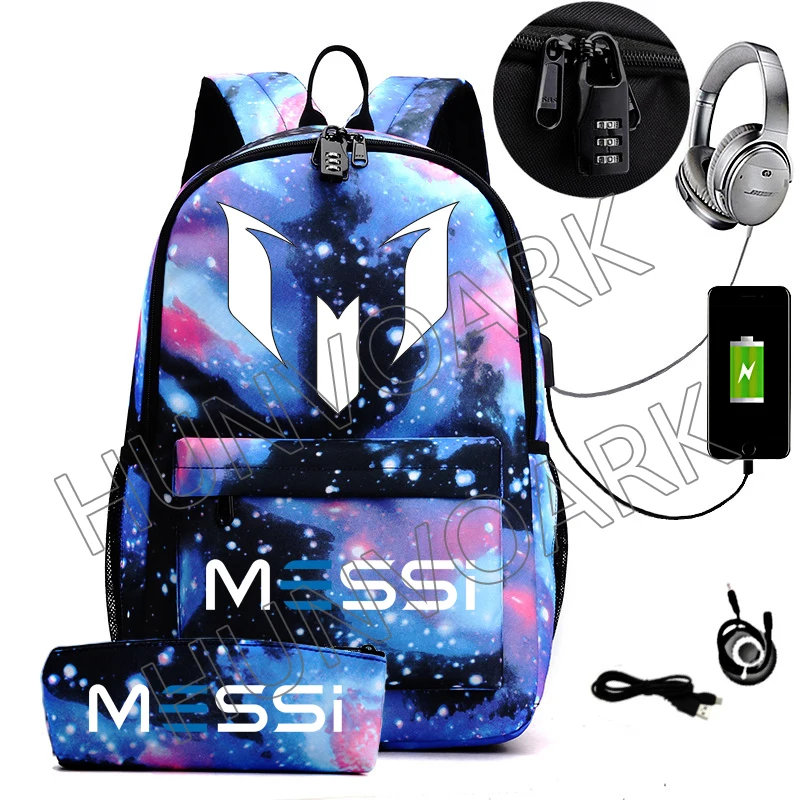 2pcs Messi Backpack An-ti lock USB Women Men Capacity Teens Laptop School Bags Casual senior high school Students Mochilas