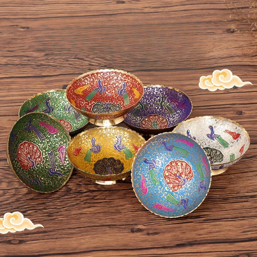 Copper Painted Bowl Fruit Plate Auspicious Coloured Peacock Nepal Tibet Holy Water Cup Buddhist Bowl Home Decoration Gift