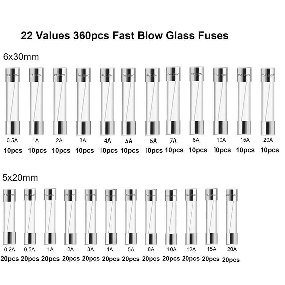 360pcs Glass Fuse Assortment Kit 24 Types Fast-Blow Glass Fuse 250V 0.5A 1A 2A 5A 6A -20A 6x30mm 0.2A-20A 5x20mm Cartridge Fuses