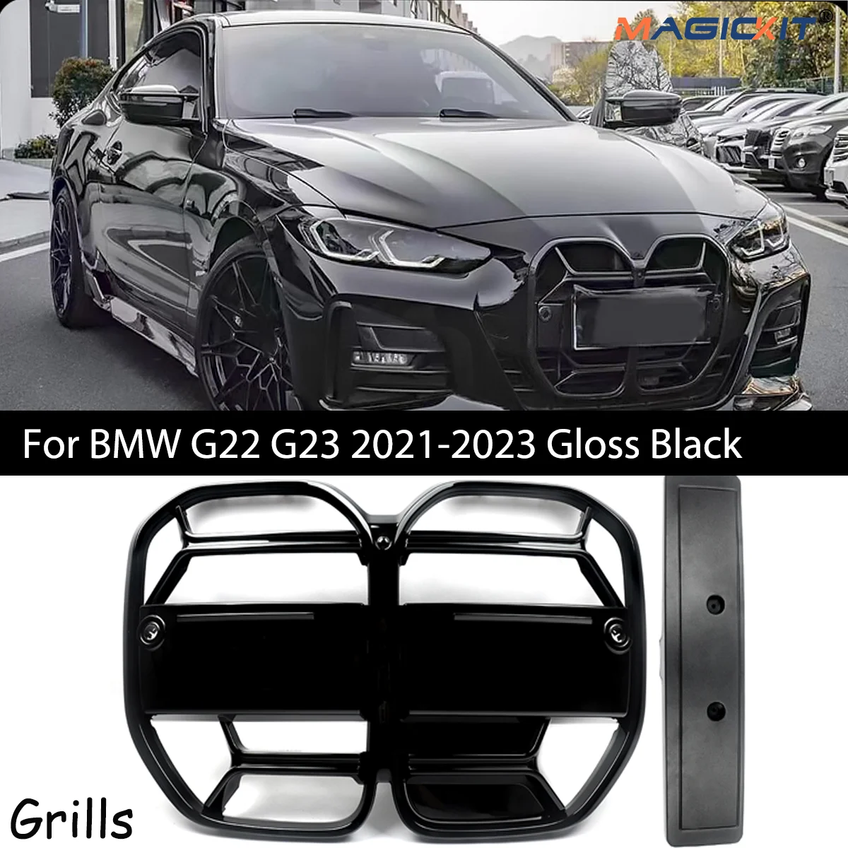 

MAGICKIT Front Bumper Grille Grill Mesh CSL Style For BMW 4 Series G22 G23 2021-2023 Gloss Black CAR Accessories Front Grille