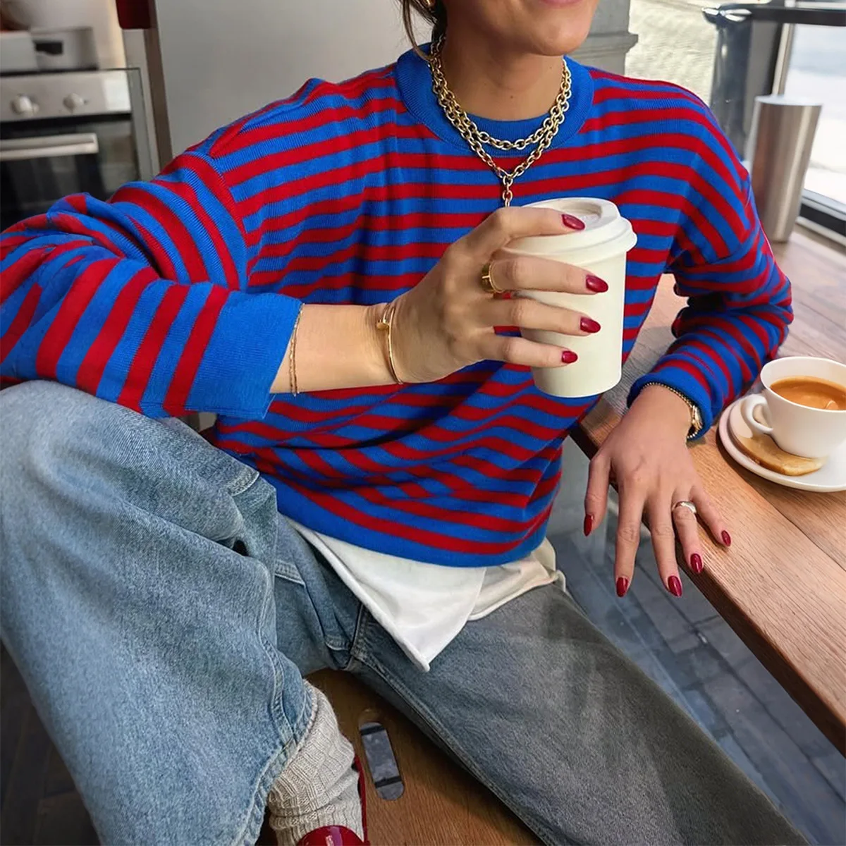 

Women Tops Round Neck Full Sleeve Top Y2k Streetwear Striped Elegant Splice Casual Loose Regular Simple Work Tees 2025