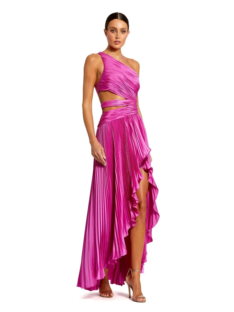 

Customized Gorgeous One Shoulder Neck Sleeveless Pleated Bodice Satin Prom Dress Elegant Strappy Back High Slit Gown For Women