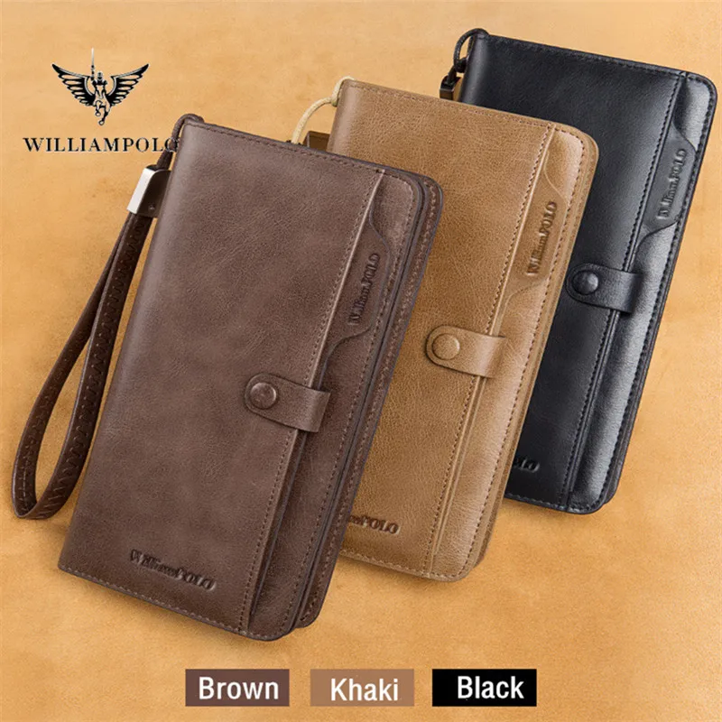 WILLIAMPOLO Vintage Cowhide Men Wallet Driver\'s License Card Package Leather Long Wallet Clutch Men\'s Wallet ID Card Holder