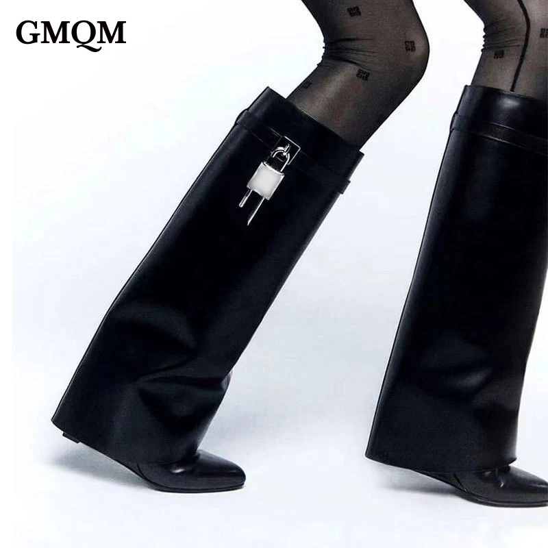 Wogq Luxury New Knee High Women\'s Boots Shark Lock Metalic Genuine Leather Long Thick Soled High-heeled Designer Shoes Silvery