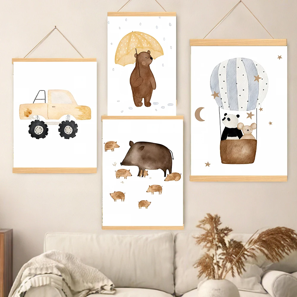 Boho Cartoon Farm Car Posters Print Fox Bear Panda Balloon Mouse Flower Boar Wood Hanging Scroll Painting Baby Kids Room Decor