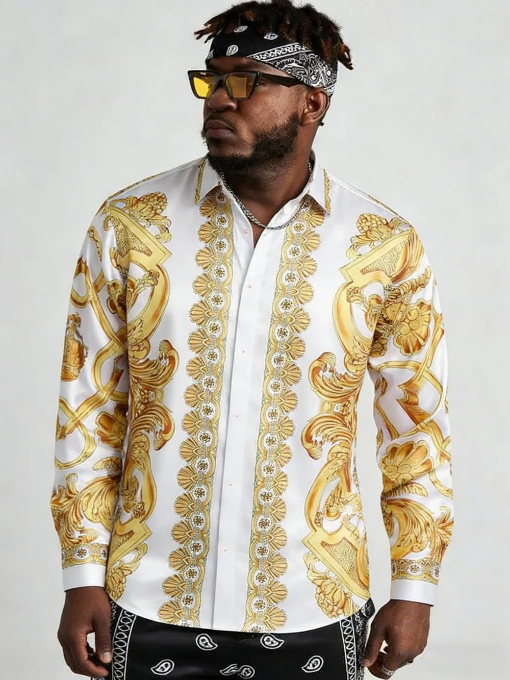 Men's Yellow Long Sleeve Shirt Baroque Pattern High Definition Printed Shirt Hawaiian Vacation Social Mens Clothing Quick drying